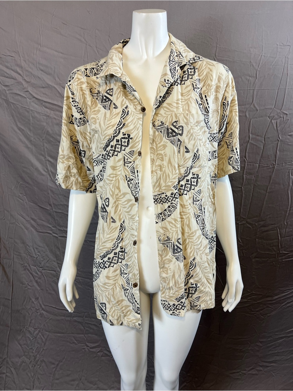 Island Republic Beige and Black Tropical Print Silk Blouse